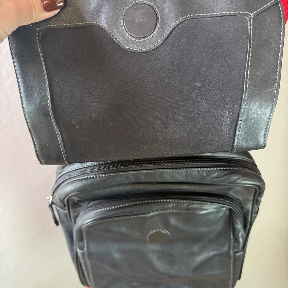 Tignanello Black Leather Backpack Multiple Pockets Top Handle Adjustable Straps